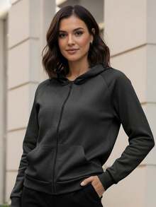 Sudadera cómoda para mujer con cremallera completa, largo regular, capucha. - Negro - Ver 1