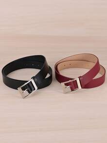2pcs Plus Size Women's Rectangular Buckle PU Fashion Belts, Suitable For Daily Use, Extended Length Black And Burgundy Belt Set - Black + Burgundy (2 Pieces) - View 4