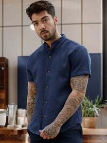 Men's Short-Sleeve Shirt With Mandarin Collar And Linen-Look - Assorted Colors - Comfortable - Navy Blue - View 2