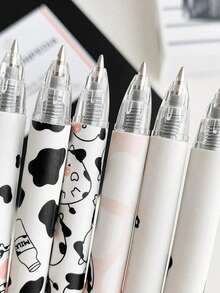 6pcs/Set Cartoon Cow Ballpoint Pens, Japanese Stationery, Black Ink, Suitable For School, Office, Student Writing - Black - View 3