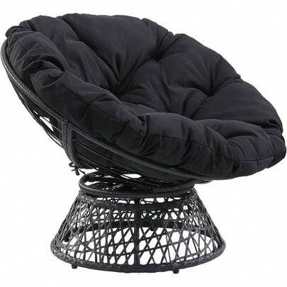 Wicker Papasan Chair With 360 - Degree Swivel, Frame With Black Cushion