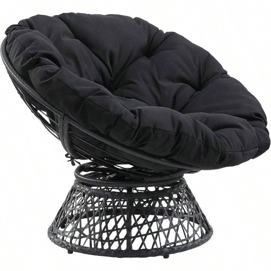 Wicker Papasan Chair With 360 - Degree Swivel, Frame With Black Cushion