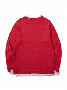 Unisex Casual Crew Neck Patchwork Distressed Hem Long Sleeve Knit Sweater, Loose Fit, Suitable For Autumn And Winter