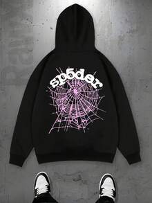 Men's Fleece-Lined Hoodie|Men's Patterned Hoodie|Intricate Black-White Spider Web With Graffiti Text|Comfortable And Warm|Ideal For Daily Casual And Halloween Wear + Men's Gift|Unisex|Made In USA|Domestic Shipping|Factory Direct - 黑色 - 查看 2