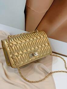Quilted Rhinestone Chain Shoulder Bag, Gold Small Square Bag, Glossy PU Material Chain Strap, Metal Lock Decor , Gold Bag - Gold - View 3