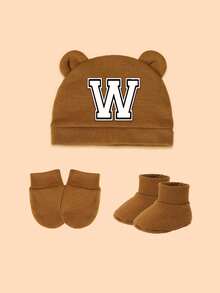 3件套新生儿礼盒，包含1顶白色经典字母装饰婴儿帽、1副防抓手套、1双连体衣，男女宝宝均可佩戴，时尚个性，适合节日、新生儿礼物和日常穿着。 - 咖色 - 查看 35