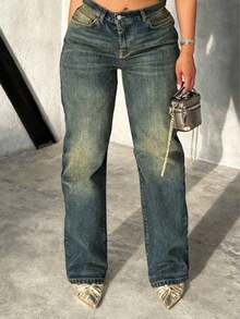 Women's Washed Denim Straight Leg Jeans With Cat's Whiskers Detail Long Casual Non-Stretch Pants
