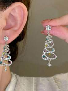 1 Paar bunte, quastenartige Weihnachtsbaum Ohrringe für Damen, Cut Out, lange Ohrringe mit Strass, Weihnachten Schmuckzubehör - Silber - Übersicht 8