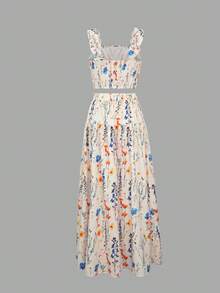 2026 Spring/Summer Fashion: Casual, Elegant, Cute, Vintage, Random Print Pattern, Vacation Style, Bohemian Style Women's 2-Piece Set - Apricot - View 5