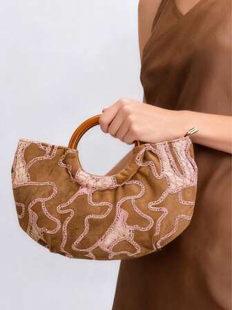 复古棕色麂皮手提包，饰有蕾丝刺绣，树脂圆形手柄，半月形托特包 - 优雅复古镂空圆盘刺绣女士包，非常适合日常、购物、约会、送礼和节日。（图案随机）