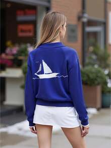 Women's Shawl Collar Cardigan Long Sleeve V Neck Graphic Print Button Down Sweater Knit Tops - Blue - View 1