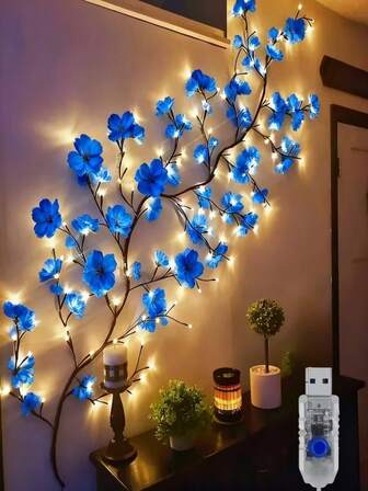 1pc 48/96/144 LED Cherry Blossom Vine Lamp, USB Power Supply, 8 Modes, Outdoor Decoration For New Year's Day, Valentine's Day, Easter, Thanksgiving And Other Festival Parties