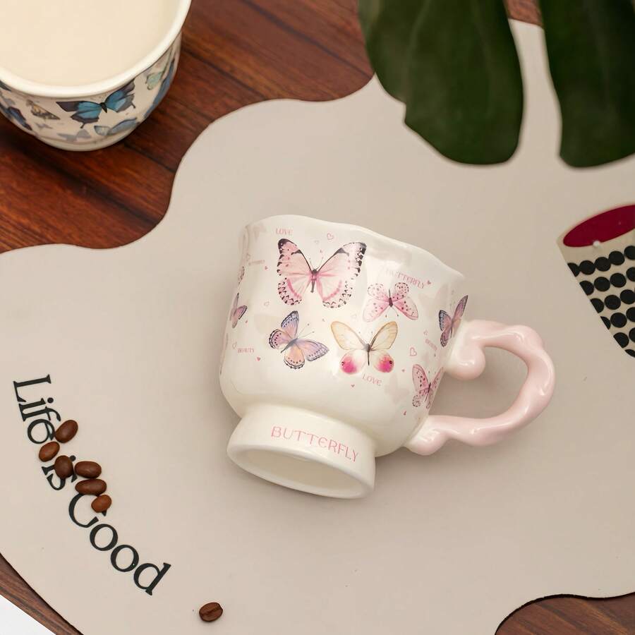 Retro Elegant Butterfly Ceramic Mug - Exquisite Hand-Painted Design, Curved Textured Handle, Ideal For Coffee, Tea, Desserts, Sparkling Water, Ice Cream, Cold Drinks, Suitable For Home, Gatherings, Parties, Gifting, Weddings & Work - Multicolor - View 1