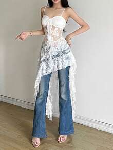 YeonC 吊带蕾丝拼接荷叶边薄纱连衣裙 - 白色 - 查看 5