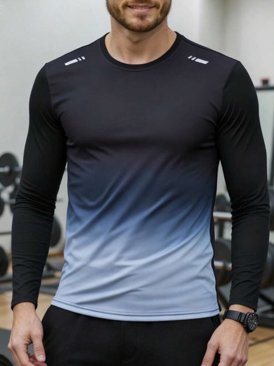 男士渐变长袖运动T恤，健身跑步训练运动上衣，秋冬季 - 黑與白 - 查看 1
