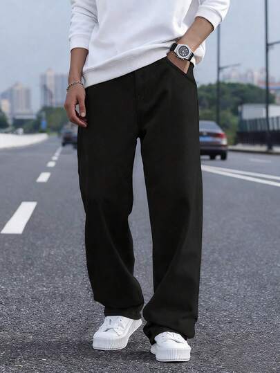 1pc Teen Boy Casual Loose Outdoor Sports Exercise Plain Straight Leg Pants, Spring Autumn Winter