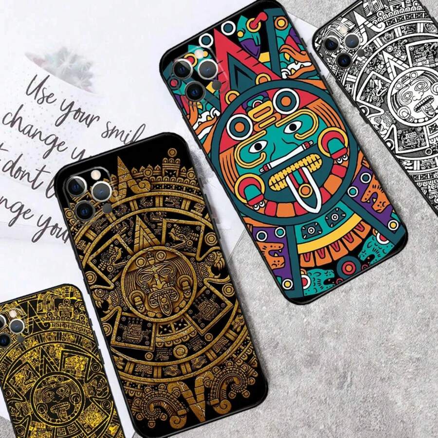 Funda de teléfono con diseño de calendario maya y piedra nativa compatible con iPhone 13, 14, 15, 16 Pro Max Plus, 11, 12 Pro Max, 7, 8, X, XS, XR, 12, 13 Mini, así como con Galaxy S17, S17 Pro y S17 Pro Max - A855 - Ver 1