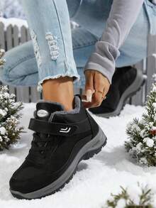 2026 Winter FuzzyChic Casual Sneakers, Unisex, Non-Slip, Waterproof, Wear-Resistant, Shock-Absorbing, Height-Increasing, All-Weather Warm Ankle Boots, Round Toe Design, Sporty Style, Perfect For Valentine's Day, Versatile Casual Shoes, A Must-Have For Sweet Girls And Tough Guys This Valentine's Day.Winter Wedding Fashion Snow Boots, Black Casual Shoes With A Vacation Vibe - 黑色 - 查看 5