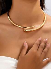 1pc Minimalist Geometric Design Spring Choker Necklace, Fashionable & Unique, Suitable For Women's Daily Wear, Birthday Gift - Yellow Gold - View 6