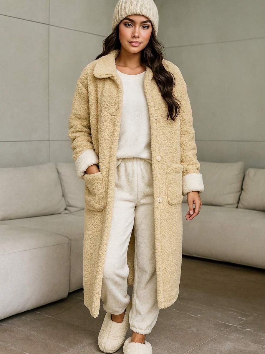 Choa Bata casual aborregada, regalo de Navidad - Vestido casual de forro polar grueso de manga larga y calientito con botones, con bolsillos, 1 pieza abrigo de casa y ropa de dormir para mujer, otoño/invierno - Beis - Ver 1