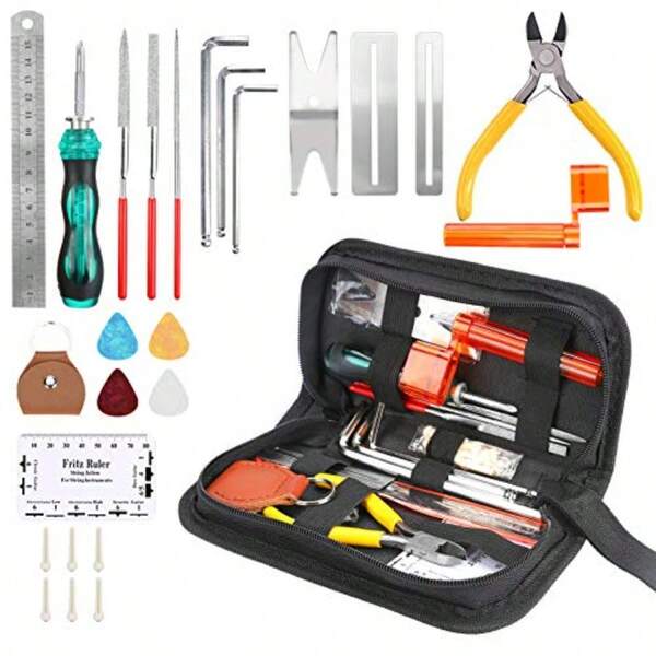Numberone Guitar Repair Tool Kit 26Pcs Guitar Maintenance Kit With Wire Plier String Organizer Fingerboard Protector Hex Wrenches Files String Action Ruler Spanner Wrench For Guitar Ukulele Banjo
