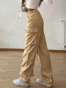 1 pieza Pantalón cargo informal de diseño de moda para niñas preadolescentes - Caqui - Ver 3