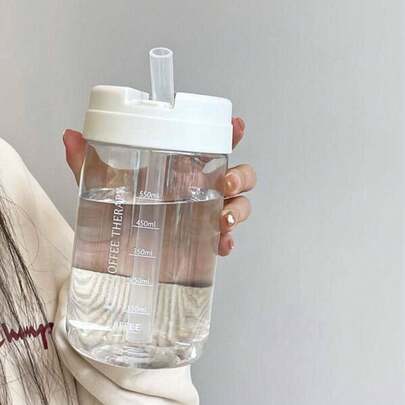 1 Stück (550ml) transparente Strohhalm Wasserflasche, bedruckter Kunststoff Saftbecher, wiederverwendbarer tragbarer Strohhalm Becher, auslaufsichere Reise Wasserflasche, Kaffee Therapie bedruckter Becher, Sport Fitness Trinkflasche, tägliche Hydration, Erwachsenen Geschenk
