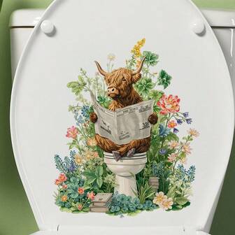 Adorable vaca de las tierras altas leyendo periódicos en el asiento del inodoro con flores coloridas en la pared y calcomanía del inodoro - Pegatina de animal de granja rústico para dormitorio, sala de estar, pasillo - PVC mate, autoadhesivo, fácil de aplicar en superficies lisas