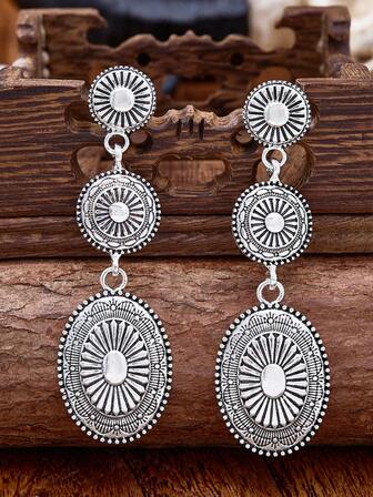 MONLOTTI 1 Pair Cowgirl Western Vintage Boho Style Totem Carved Geometric Patchwork Metal Alloy Pendant Earrings, Women's Summer Jewelry, Woman Gift