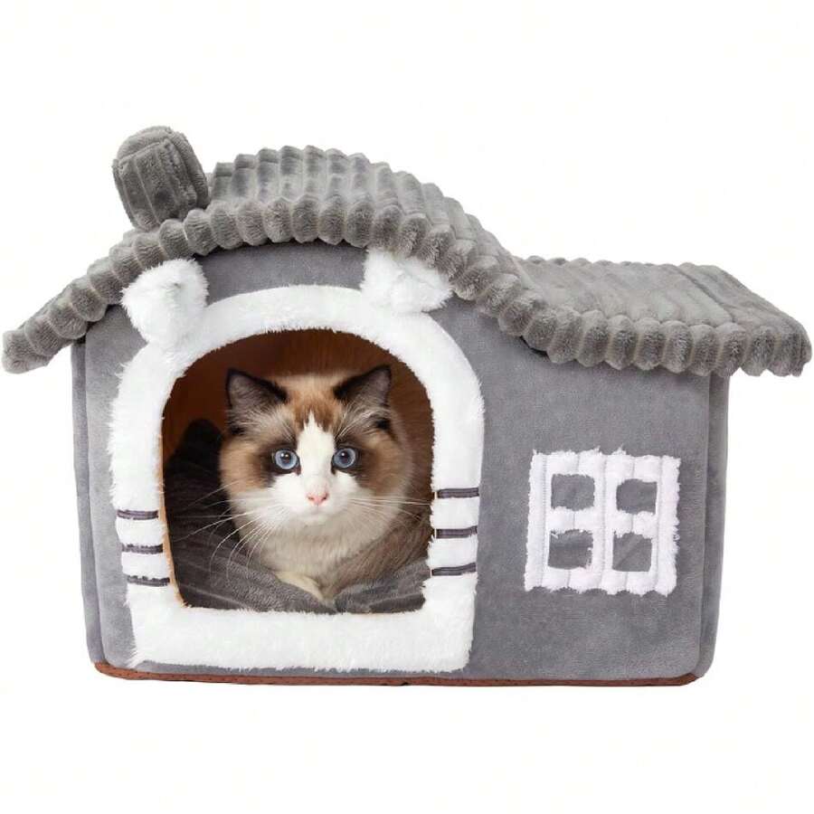 Bear Cat Houses For Indoor Cats, Chimney Cute Cat Bed Cave, Enough Interior Space, Cartoon Soft Pet House Up To 3-7 Lbs Kitten, Gray,28012598 - 藏蓝色 - 查看 1