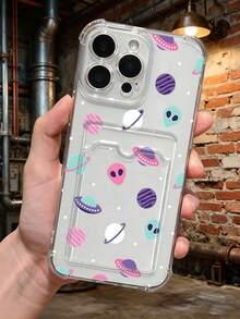 1 pieza Funda protectora, carcasa transparente con ranura para tarjeta, funda de TPU resistente a golpes "Carcasa de teléfono con diseño de planetas y extraterrestres en estilo lindo, temática espacial divertida y moderna, ideal para amantes del universo" Compatible con iPhone16/15/14/13/12/11/XS/XR/X/PLUS/PRO/PROMAX, compatible con Galaxy A21/A24/A25/A32/A34/A35/A54/A55, Galaxy S25/S24/S23/S22/S21 Ultra/Plus, agarre cómodo, regalo festivo para amigos, novia, novio, familia - transparente - Ver 7