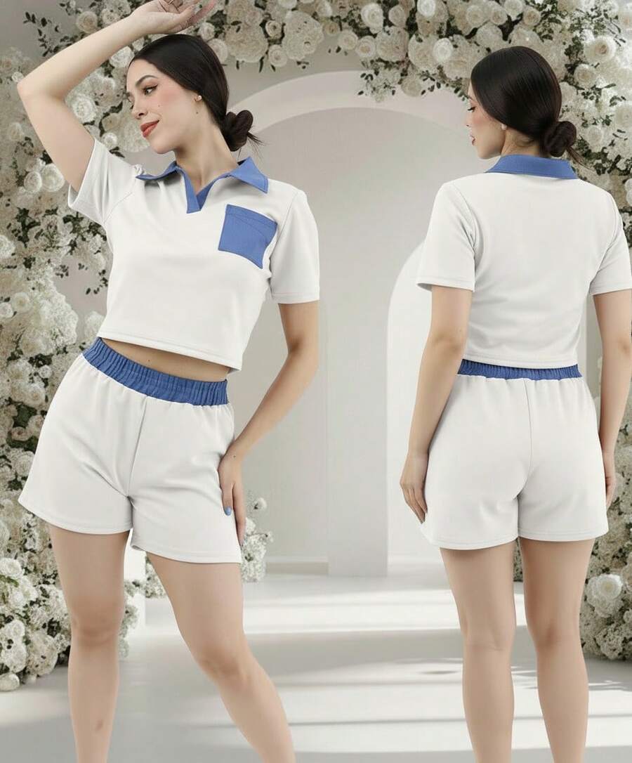 Conjunto informal de dos piezas para mujer: top corto de manga corta con cuello polo y pantalones cortos, ribete en contraste y detalle de bolsillo. - Blanco - Ver 1