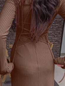 UREREM Đầm dài tay ôm sát thân, cổ vuông, màu trơn, chất liệu dệt kim gân, dây rút bên hông, trọng lượng 210g, kiểu dáng thanh lịch cho mùa xuân. - Cà phê - Xem 7