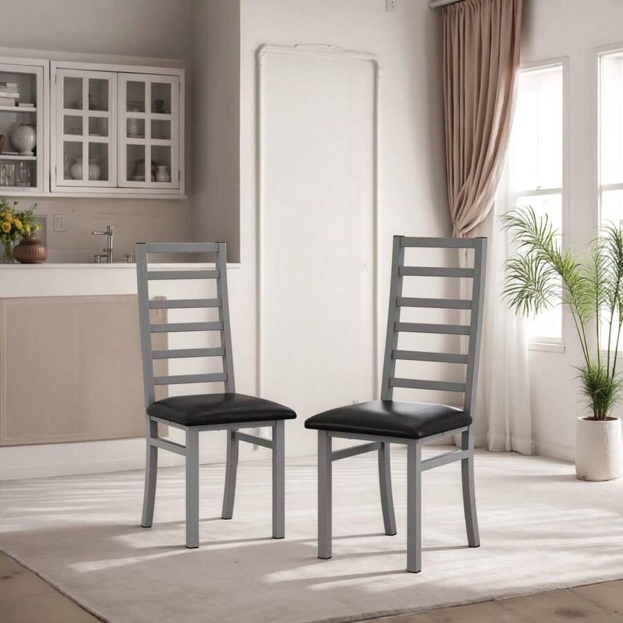 Set Of 4 Metal Dining Chairs, Steel Legs And PU Leather Seats, High Back Armless Dining Chairs, For Kitchen, Living Room, Black - Grey + 2Seat - View 1