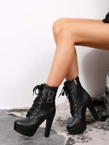 Thick Heeled Round Toe High-Heeled Waterproof Platform Short Tube, Side Zipper, Fashionable Women's Boots, Solid Color Metal Strip With Buckle, Women's Winter Boots,High Heels - Black - View 1