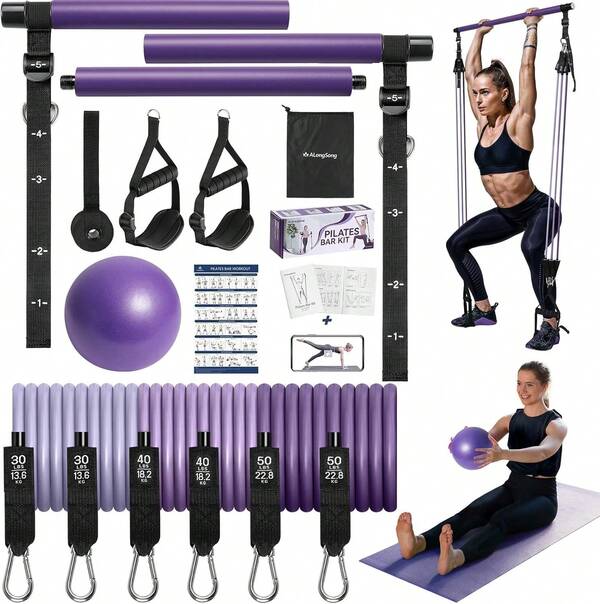 Pilates Bar Set – Includes 6 Resistance Bands (20-240lbs), Ankle Straps, Door Anchor, Training Videos And Exercise Guide – Full Body Workout – Suitable For Men And Women