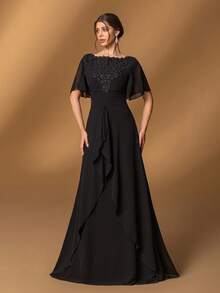 Faeriesty Elegante vestido de madre de la novia con cuello de barco, mangas con volantes y dobladillo con volantes en línea A - Vestido de novia formal para galas de noche, recepciones de lujo, eventos de etiqueta negra, cenas sofisticadas, ceremonias de alto nivel - Negro - Ver 8