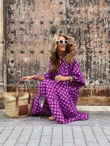 Vestido de vacaciones de primavera/verano para mujer con estampado floral, cuello en V y manga burbuja - Púrpura malva - Ver 3