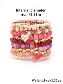 سوار متعدد الطبقات بتصميم قلب معلق مزين باللؤلؤ الوردي مصنوع يدويًا للنساء قطعة واحدة - وردي - مشاهدة 5