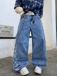 1pc Men's Fashion Street Style Embroidered Wide Leg Jeans, Loose & Comfortable, Versatile For All Seasons (No Belt Or Accessories) - Blue - View 2
