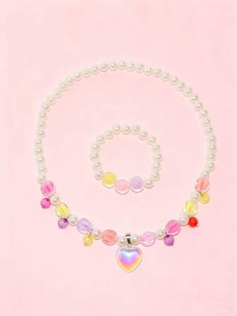 2件套女孩闪亮爱心吊坠星星串珠首饰项链和手链套装，适合日常佩戴、派对、生日礼物
