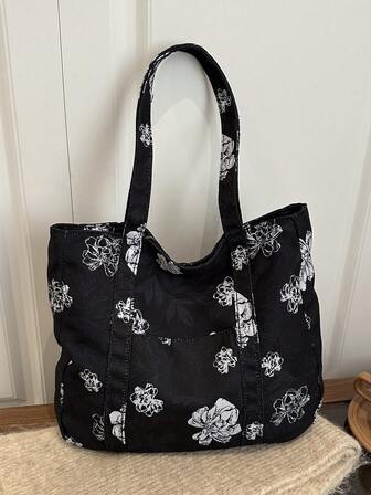 1pc Nylon Floral Large Capacity Shoulder Tote Bag, Fashion Shopping Bag For Women, Everyday Use