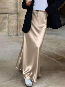 EARO Women High Waist Satin Mermaid Hem Skirt, Slimming, Versatile, Elegant, Autumn/Winter - Champagne - View 1