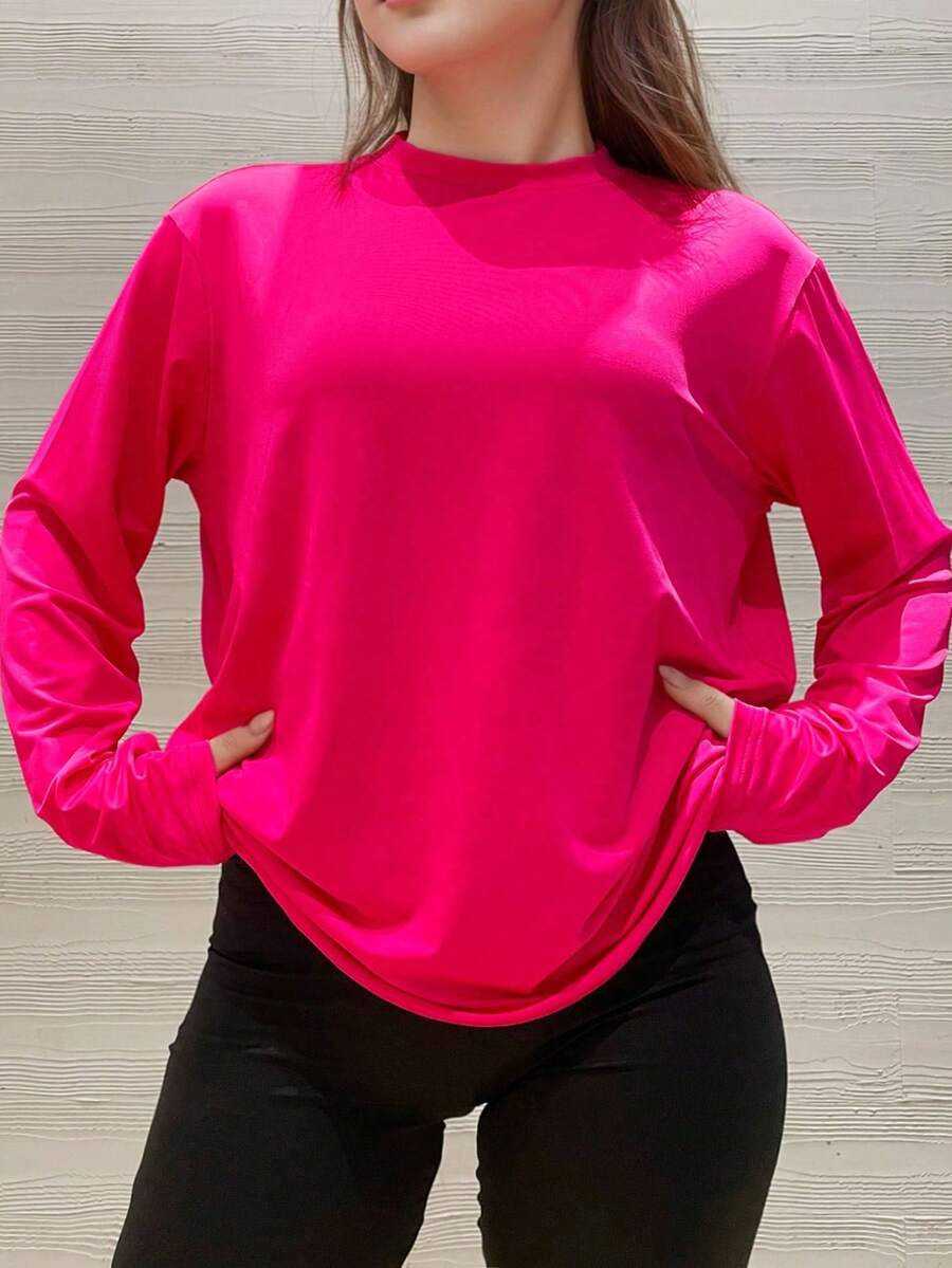 Camisa de mujer talla grande con mangas largas y hombros caídos, color liso negro, de estilo relajado y holgado, para sentir la pereza y la comodidad en otoño e invierno, para uso diario - Rosa Fucsia - Ver 1
