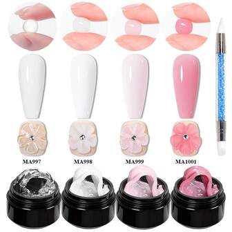 MEET ACROSS Set de 4 piezas de 15ml de esmalte de uñas en gel transparente, blanco, rosa nude, sin manchas, con moldes de flores, cepillo de escultura para dar forma 3D/esculpir/tallar, gel duro de jalea lechosa para arte de uñas falsas, flores, cristales, fácil de usar para manicura en casa y suministros de salón