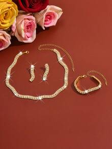 Bộ trang sức thời trang cao cấp 4 món dành cho nữ, gồm dây chuyền đính đá, bông tai và vòng tay, thanh lịch và duyên dáng, phụ kiện hoàn hảo cho đám cưới, dạ hội và các bữa tiệc. - Bạc - Xem 4