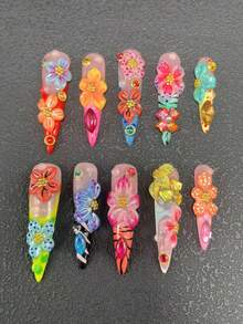 10-Piece Pure Hand-Wearing Nail Pressure Nails 55mm Ultra-Long Thin High-Heeled Nails French Nails Multi-Color With Three-Dimensional Modeling Glue Carving Technology Multi-Color Decoration Three-Dimensional Bright Diamond Decoration Decoration Fashion Versatile Suitable For Women To Wear Three Sizes To Choose From Suitable For A Variety Of Occasions Parties And Daily Wear - Nhiều màu - Xem 2