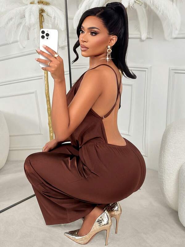 Mono de mujer Amarilo para otoño e invierno, estilo sexy de celebridad de internet - para citas, fiestas, cenas de cóctel, con tirantes, espalda abierta, diseño de cuello y cintura, unicolor