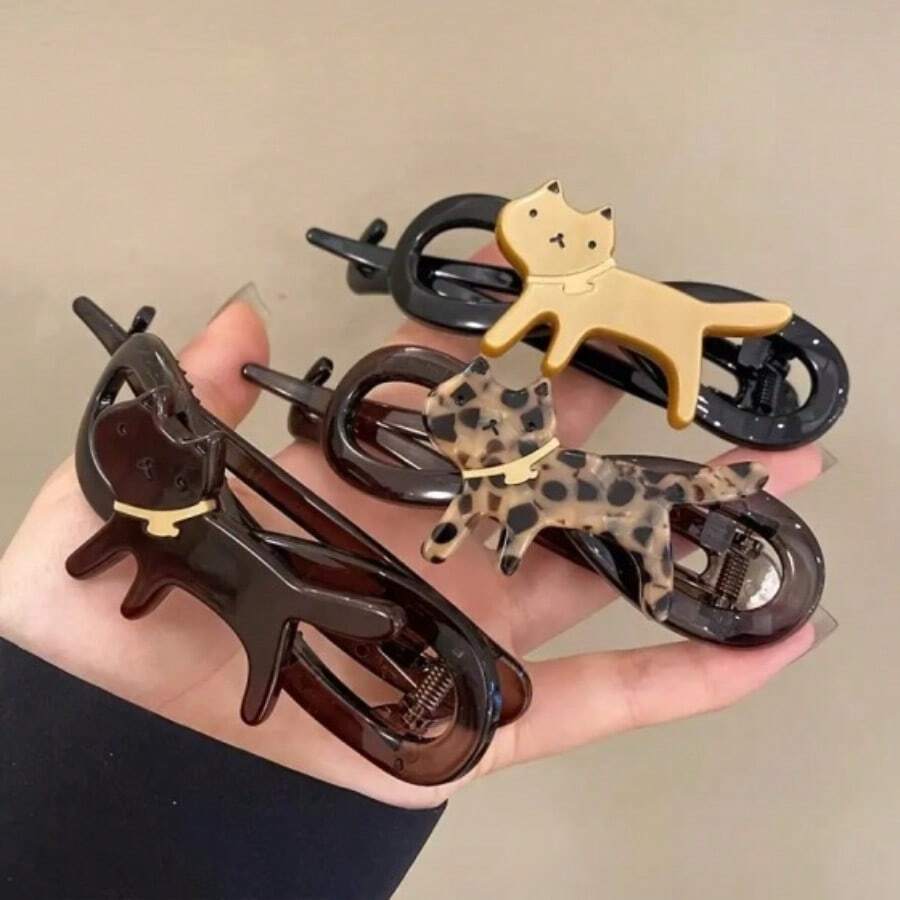 3pcs Women's Flat Hair Clip With Cat Design, Suitable For Thick, Long Hair. Non-Slip Design With Cat Motif. Suitable For Women With Flat Bow Hair Clips And Hooks. Features Small Teeth. - màu đen - Xem 1