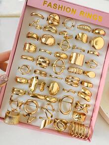 50/30/10/2pcs Women's Fashion Ring Set, Asymmetrical Smooth Geometric Liquid Ring, Exaggerated Vintage Style, Stackable Wide Band Rings, Fashionable & Elegant Versatile Ring Set (Random Styles) - Yellow Gold - View 9